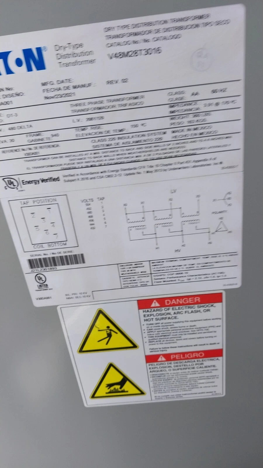 Eaton Dry Type Distribution Transformer V48M28T3016 480DELTA 60HZ 30KVA THREE... - Image 2