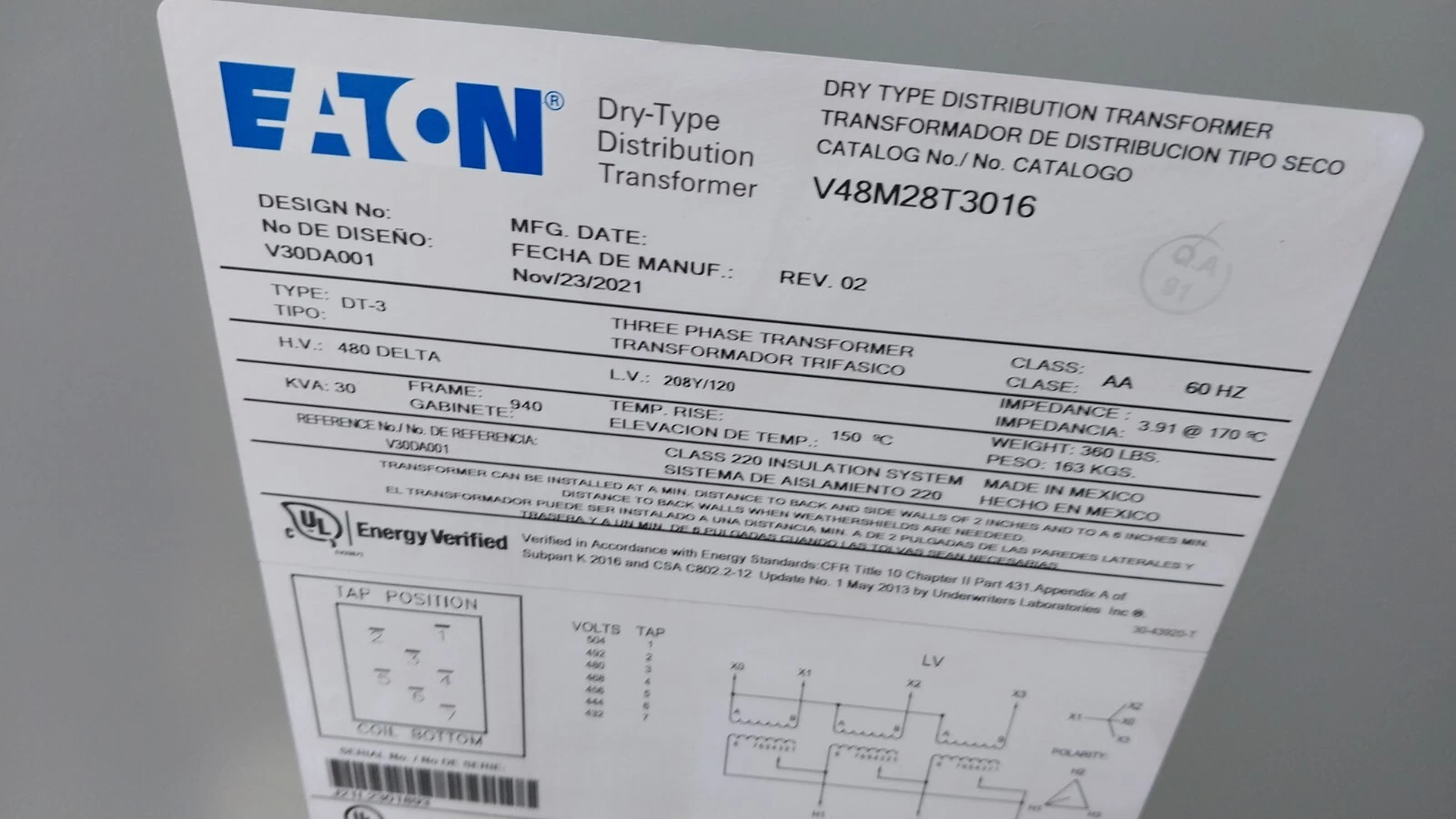 Eaton Dry Type Distribution Transformer V48M28T3016 480DELTA 60HZ 30KVA THREE... - Image 3